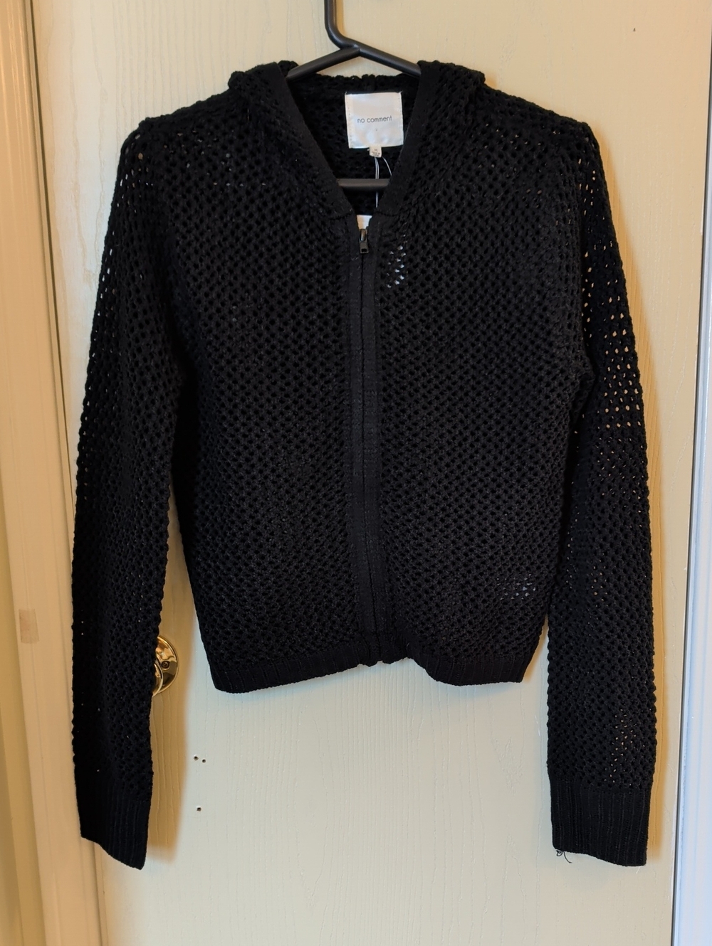 No Comment Black Open-Knit Hooded Zip Sweater | Size M | NWT